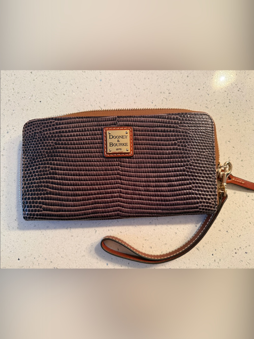 Dooney & Bourke Brown Alligator Skin Zip Around Wristlet with Tan Trim